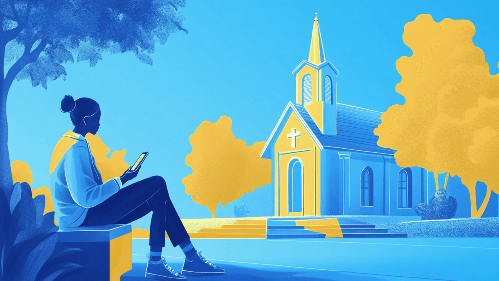 Woman sitting in front of a church