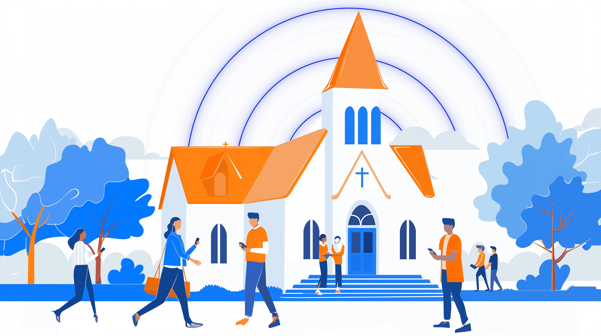Churchgoers on their phones in front of church